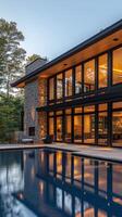 Stunning modern home by the poolside at sunset in a serene residential neighborhood photo