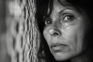 A close up of a distressed woman with tears streaming down her face amid a somber backdrop photo