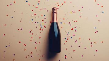 Classic sparkling wine bottle surrounded by rose petals on a soft background photo