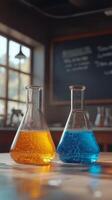 Two glass flasks containing colorful liquids on a wooden table in a classroom during the day photo