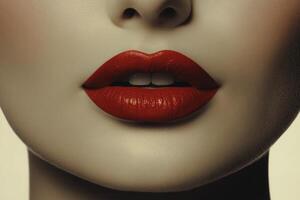 Close up view of a womans lips showcasing vibrant red lipstick against a neutral background photo