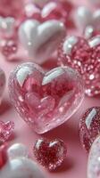 Colorful sparkling hearts arranged on a soft pink background for a festive celebration photo