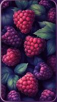 Colorful assortment of raspberries and blackberries with lush green leaves in a close up view photo