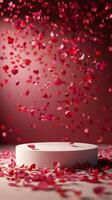 Floating rose petals cascade over a circular pedestal against a pink background photo