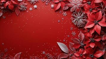 Festive Christmas decorations featuring red elements and snowflakes on a bright red background photo