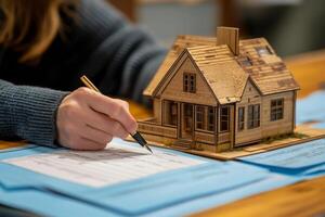 Person reviewing blueprints while planning a model house construction at a wooden table photo
