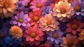 Colorful arrangement of various flowers in shades of purple, pink, and orange in springtime bloom photo