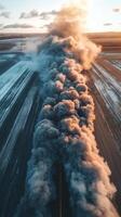 Dust clouds rise over an airport runway at sunset with planes parked nearby photo