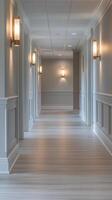 Bright and modern hallway with elegant lighting in a contemporary building during the day photo
