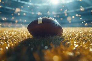 Football resting on frost covered grass at sunset in a serene outdoor setting photo