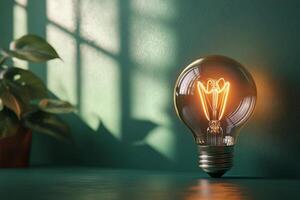 A vintage light bulb illuminated on a green surface beside a plant in soft morning light photo