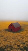 A red barn surrounded by vibrant yellow flowers in a scenic rural landscape with mountains photo