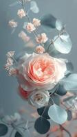 Beautiful arrangement of pink roses and greenery on a neutral background for decoration or events photo