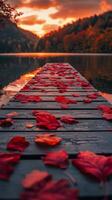 Beautiful sunset over a tranquil lake with a wooden pier covered in red leaves in autumn photo