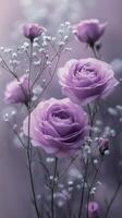 Delicate purple roses and babys breath create a serene floral arrangement in soft lighting photo