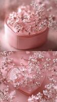 Delicate pink flowers in heart shaped boxes on a soft pink background photo