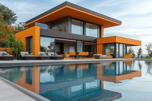 Modern villa with a stunning pool located in a serene landscape during daytime photo