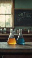 Two glass flasks containing colorful liquids on a wooden table in a classroom during the day photo