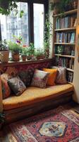 Cozy indoor seating area with natural light and plants in a serene home environment photo