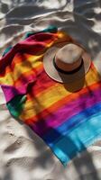 Colorful towel and sunhat on the sandy shore under sunlight on a summer afternoon photo