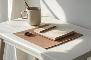A serene workspace featuring a warm cup and neatly arranged notebooks in natural light photo