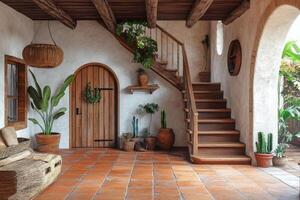 Bright and inviting entrance hall with rustic stairs and natural light in a cozy home photo