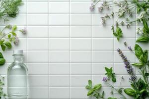 Fresh herbs and water bottle arranged on a clean white tiled background for culinary presentation photo