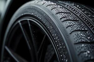 Close up of a modern alloy wheel design showcasing intricate details and textures photo