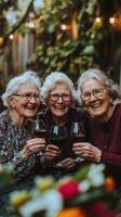 Three cheerful elderly women enjoy each others company in a cozy garden photo