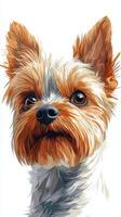 A close up of a Yorkshire Terrier with detailed fur against a plain white background photo