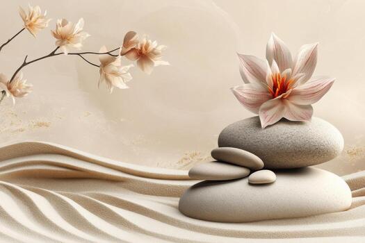 Zen garden with smooth stones, textured sand, and fragrant flowers in a tranquil setting photo