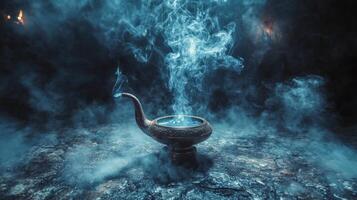 Mystical antique lamp surrounded by swirling smoke in a dimly lit atmosphere photo