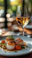 Grilled scallops served on a plate with herb garnish in a cozy restaurant during dinner photo