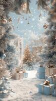 A snowy winter wonderland with decorated trees and wrapped gifts for the holidays photo