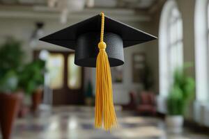 Black graduation cap with yellow tassel displayed indoors highlighting academic achievement photo