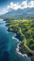 Aerial view of a coastal landscape with lush mountains and clear waters during daylight photo