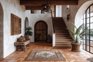 Bright and inviting entrance hall with rustic stairs and natural light in a cozy home photo