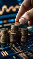 Person stacking Bitcoin coins on a table with charts in the background during daylight photo
