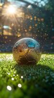 Golden soccer ball resting on grass with sunlight reflecting during a vibrant match atmosphere photo
