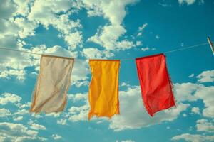 Colorful flags flutter against a bright blue sky featuring puffy clouds in the afternoon light photo