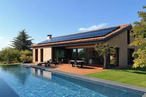 Modern eco friendly house with solar panels and a swimming pool in a serene natural setting photo
