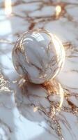 Elegant marble sphere resting on a polished surface with golden veins and reflections photo