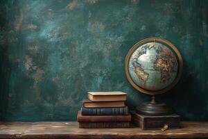 Classic books and globe displayed on a wooden table against a green chalkboard background photo