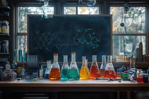 Colorful laboratory flasks arranged on a wooden table in a chemistry lab during daylight hours photo