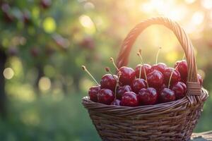 Freshly picked cherries in a woven basket during sunset in an orchard photo