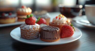 Delicious assortment of desserts featuring chocolate and strawberries on a decorative plate photo