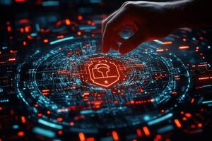 Hands holding a glowing digital shield representing cybersecurity in a modern setting photo