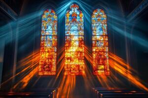 Sunlight streaming through stained glass windows in an ancient church during golden hour photo