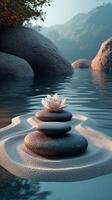Calm waters with a blooming lotus flower on stacked stones in a serene natural setting photo