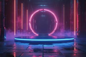 A vibrant neon circle illuminated in a reflective setting during a night scene photo